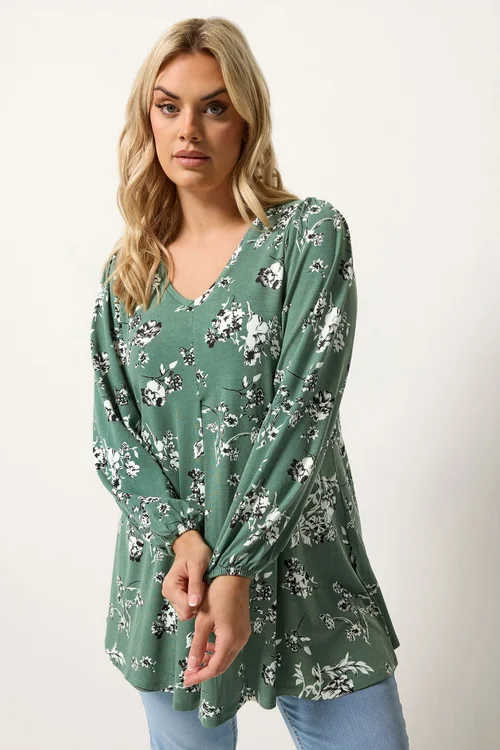 Yours Curve Green Floral Pleated Front Top - 18 Image 1