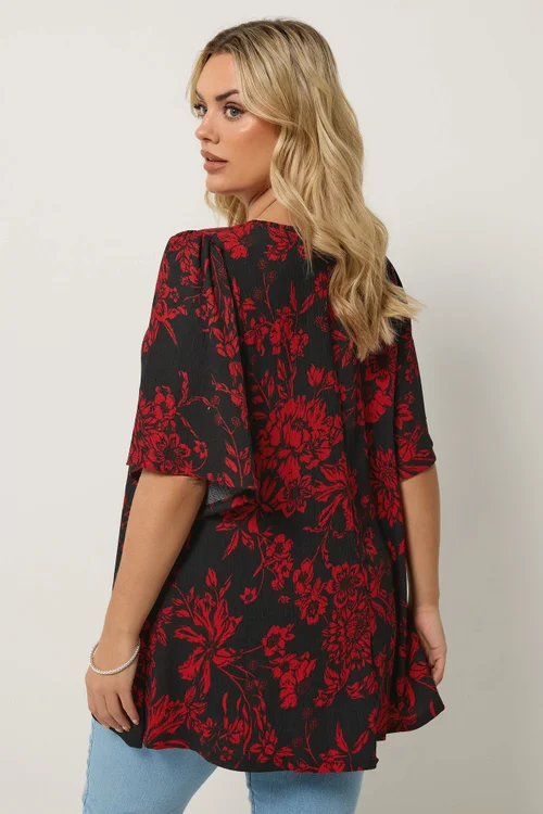 Yours Curve Black & Red Floral Pleat Front Top - 18 Image 3