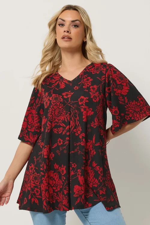 Yours Curve Black & Red Floral Pleat Front Top - 18 Image 1