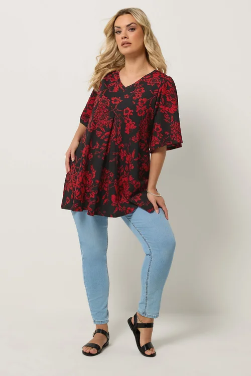 Yours Curve Black & Red Floral Pleat Front Top - 18 Image 2