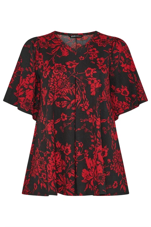 Yours Curve Black & Red Floral Pleat Front Top - 18 Image 5