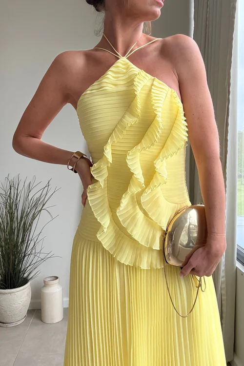 Style Cheat Yellow Pleated Halter Maxi Dress - 12 Image 5