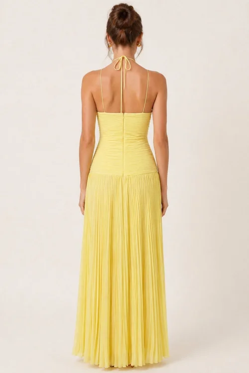 Style Cheat Yellow Pleated Halter Maxi Dress - 12 Image 3