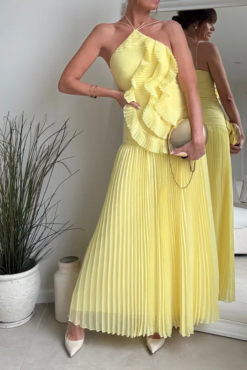 Style Cheat Yellow Pleated Halter Maxi Dress - 12 Image 4