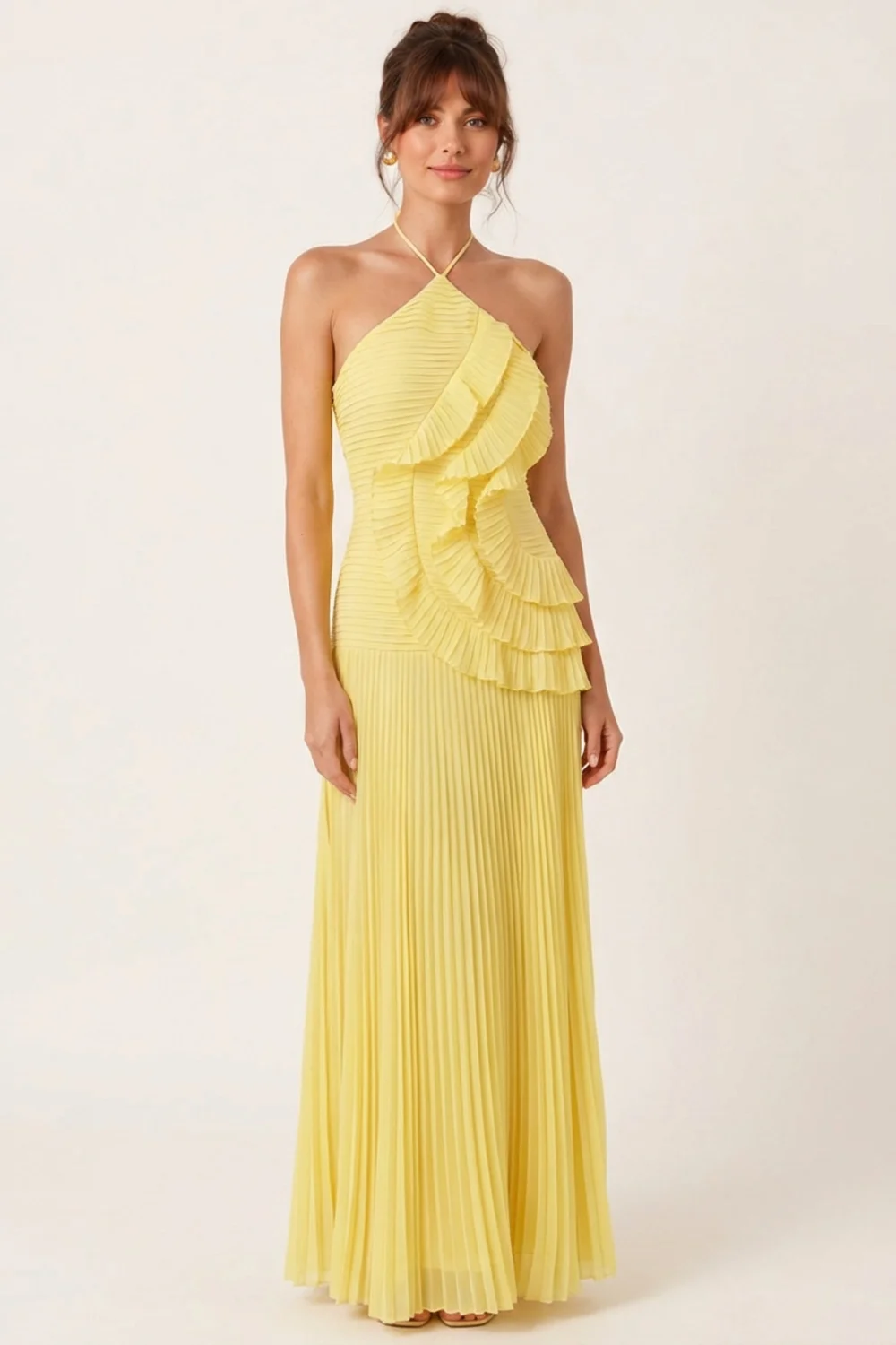 Style Cheat Yellow Pleated Halter Maxi Dress - 12 Image 1