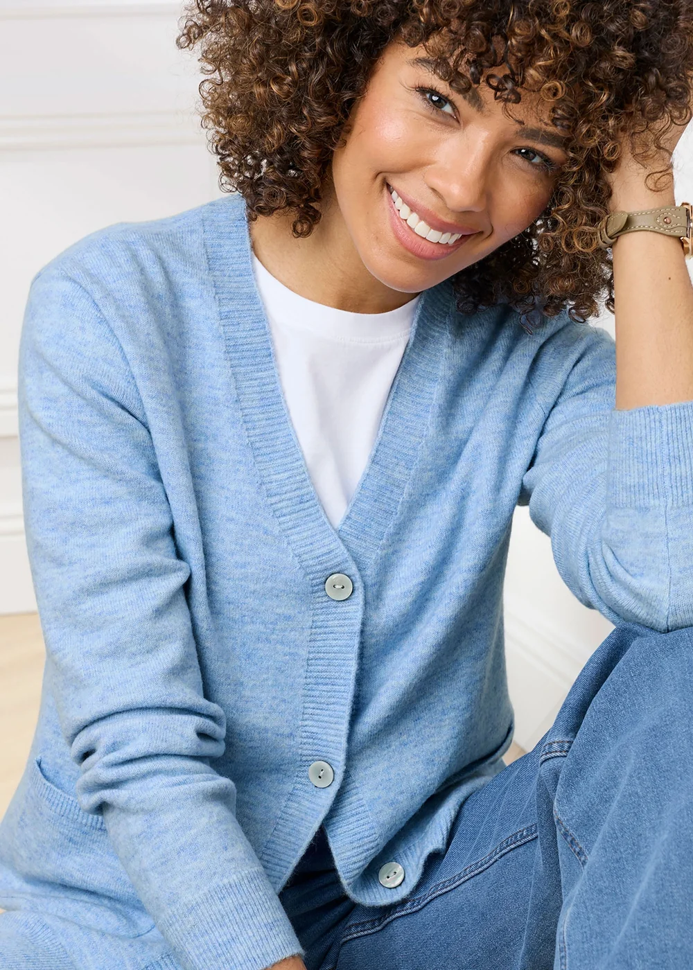 Cotton Traders Sky Blue Fine Knit V-Neck Cardigan - 18 Image 4