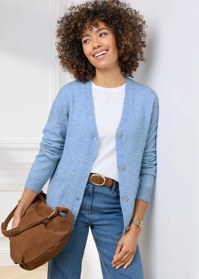 Cotton Traders Sky Blue Fine Knit V-Neck Cardigan