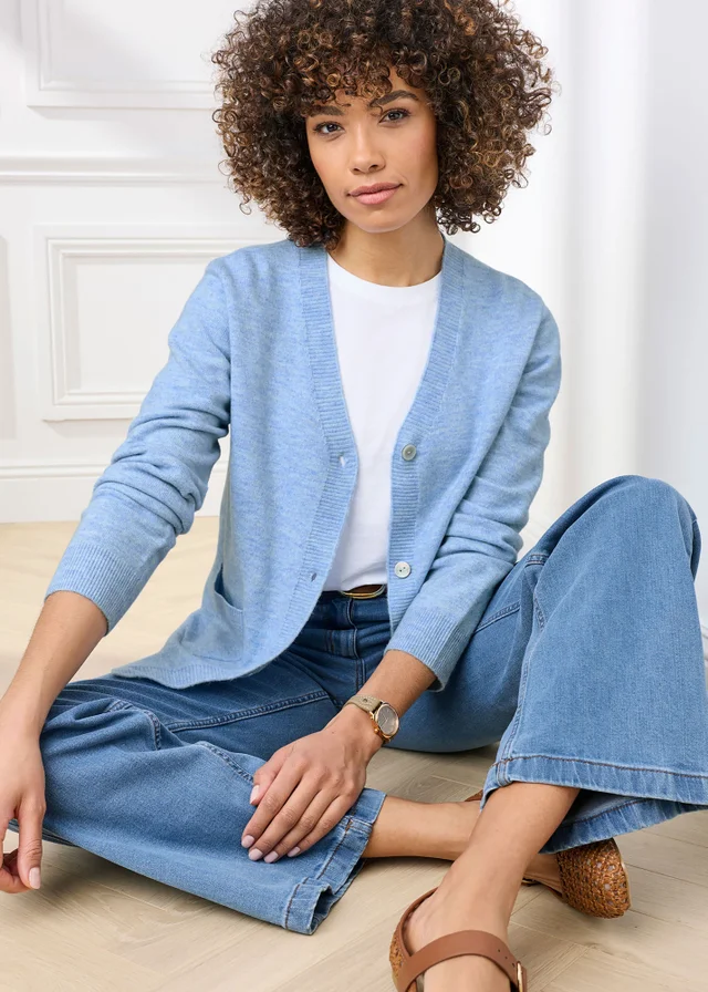 Cotton Traders Sky Blue Fine Knit V-Neck Cardigan