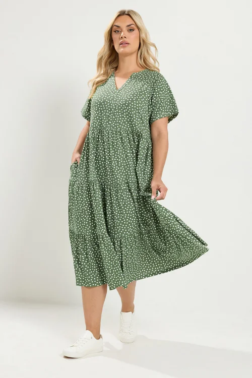 Yours Curve Sage Green Polka Dot Tiered Dress - 18 Image 1