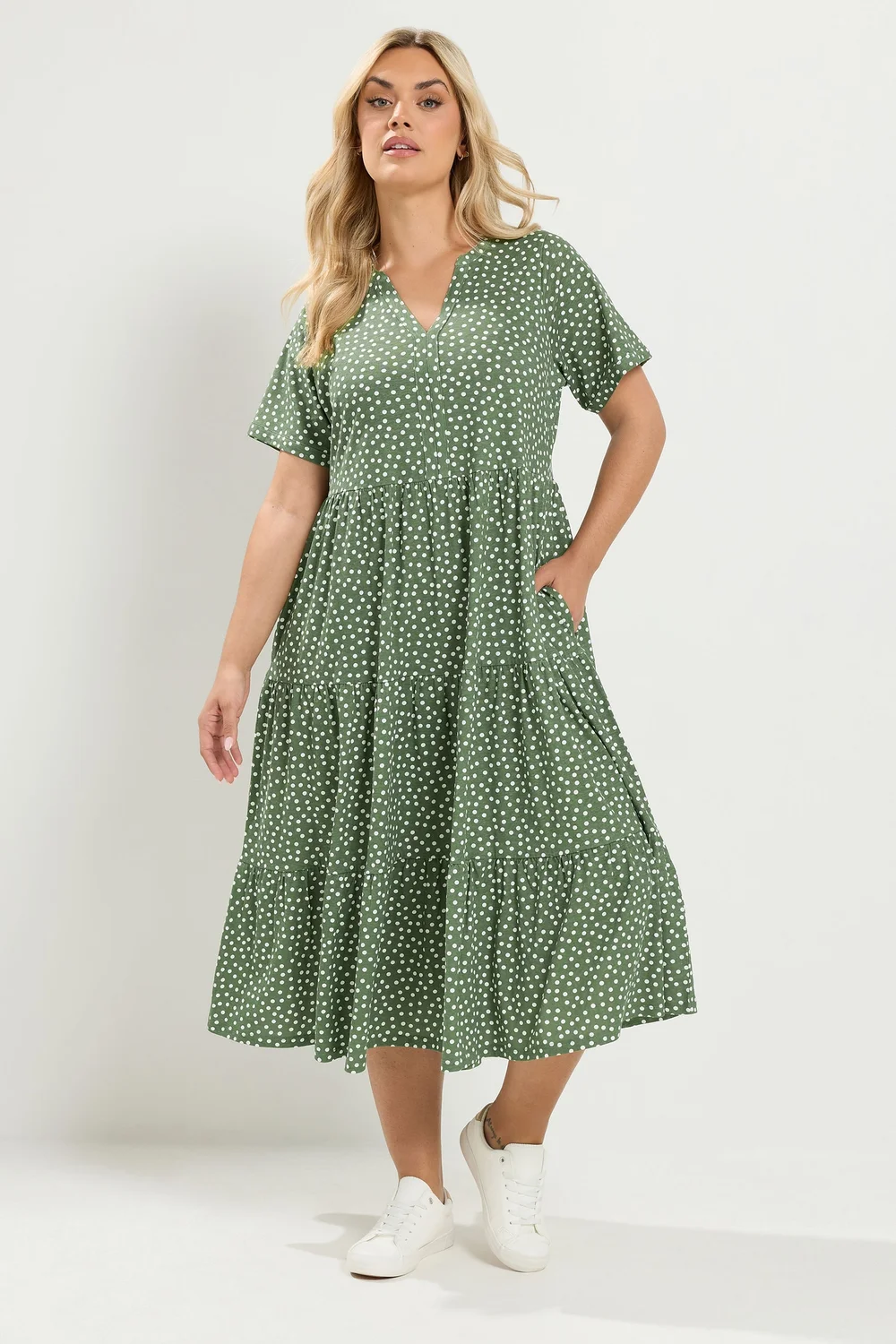 Yours Curve Sage Green Polka Dot Tiered Dress - 18 Image 2