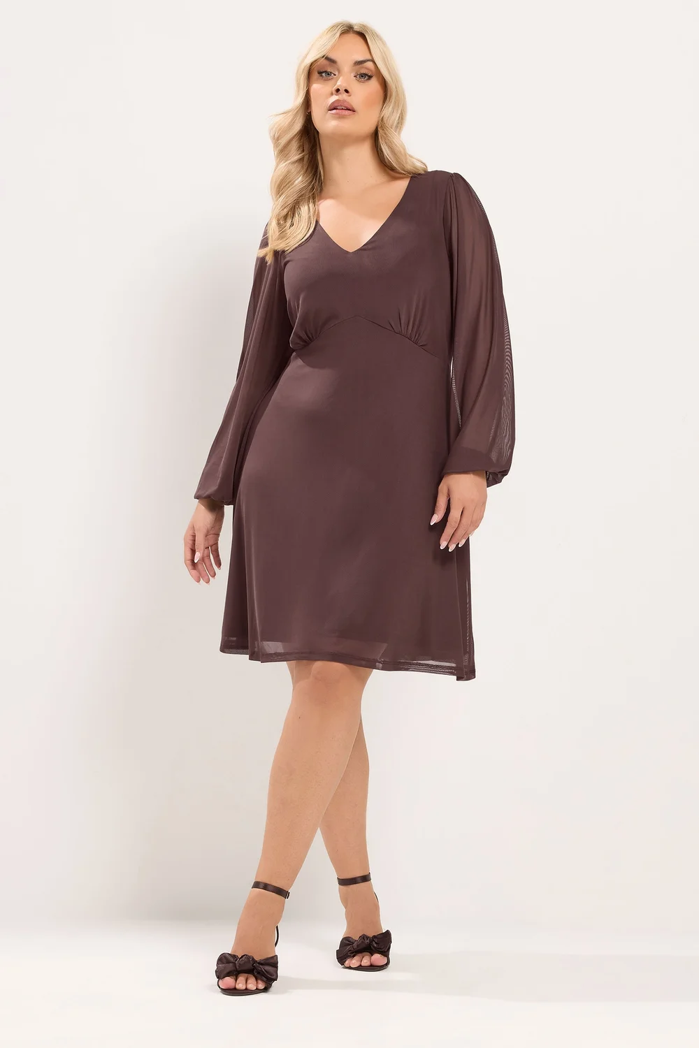 Yours Curve Chocolate Brown Balloon Sleeve Mesh Dress - 34-36 Image 2