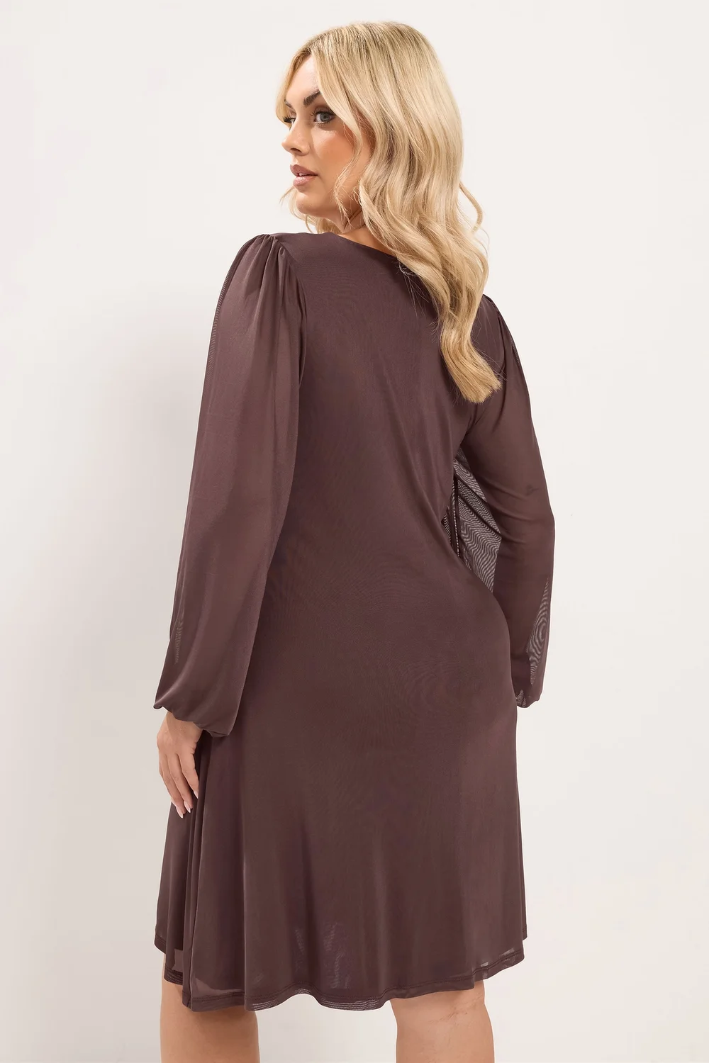 Yours Curve Chocolate Brown Balloon Sleeve Mesh Dress - 34-36 Image 3