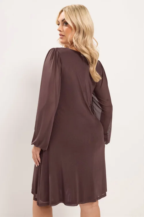 Yours Curve Chocolate Brown Balloon Sleeve Mesh Dress - 34-36 Image 3