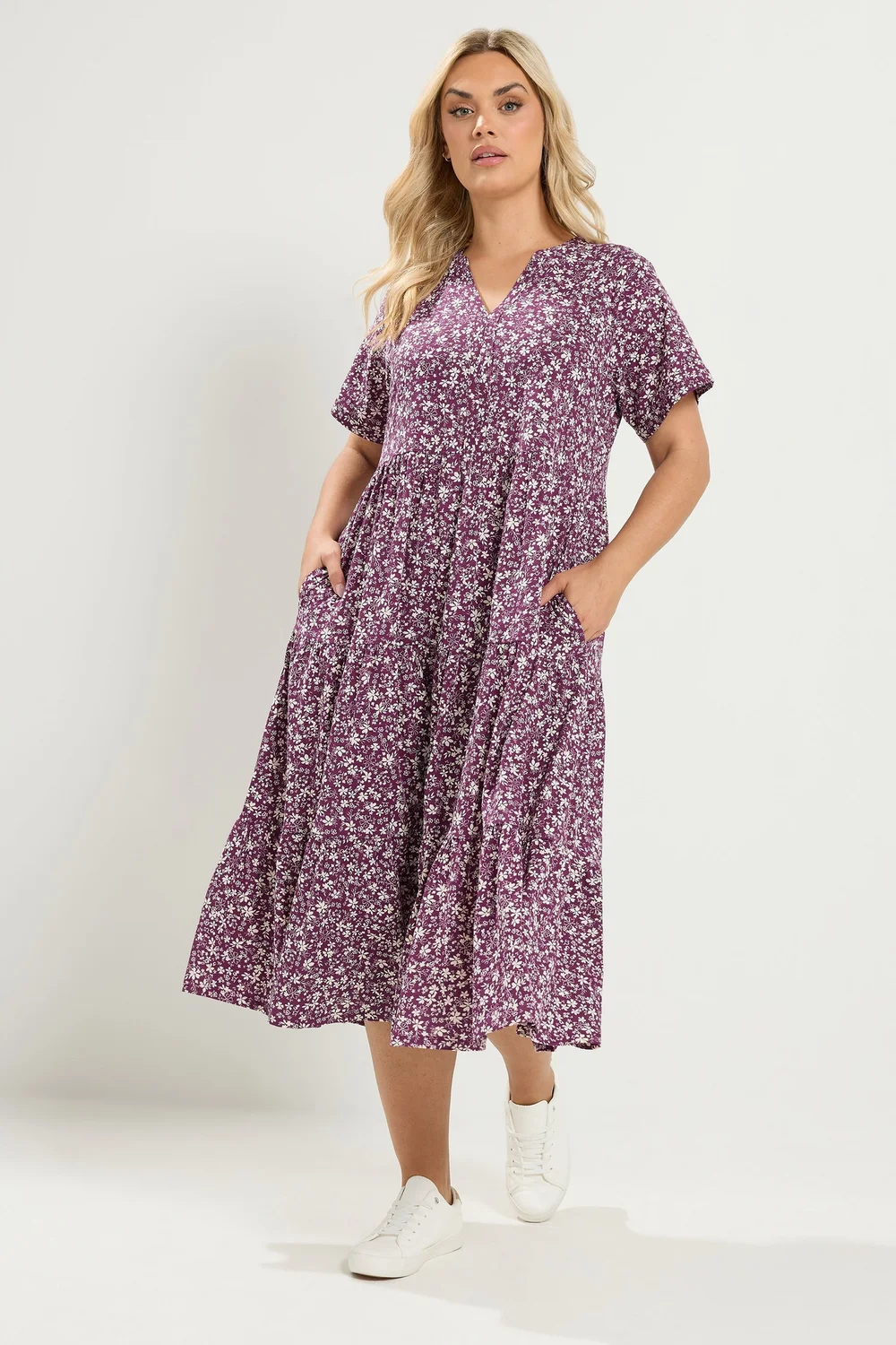 Yours Curve Purple Floral Tiered Dress - 22-24 Image 2