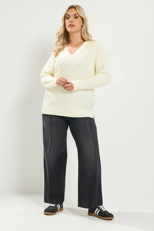 Yours Curve Ivory White V-Neck Knitted Jumper - 14-16 Image 3