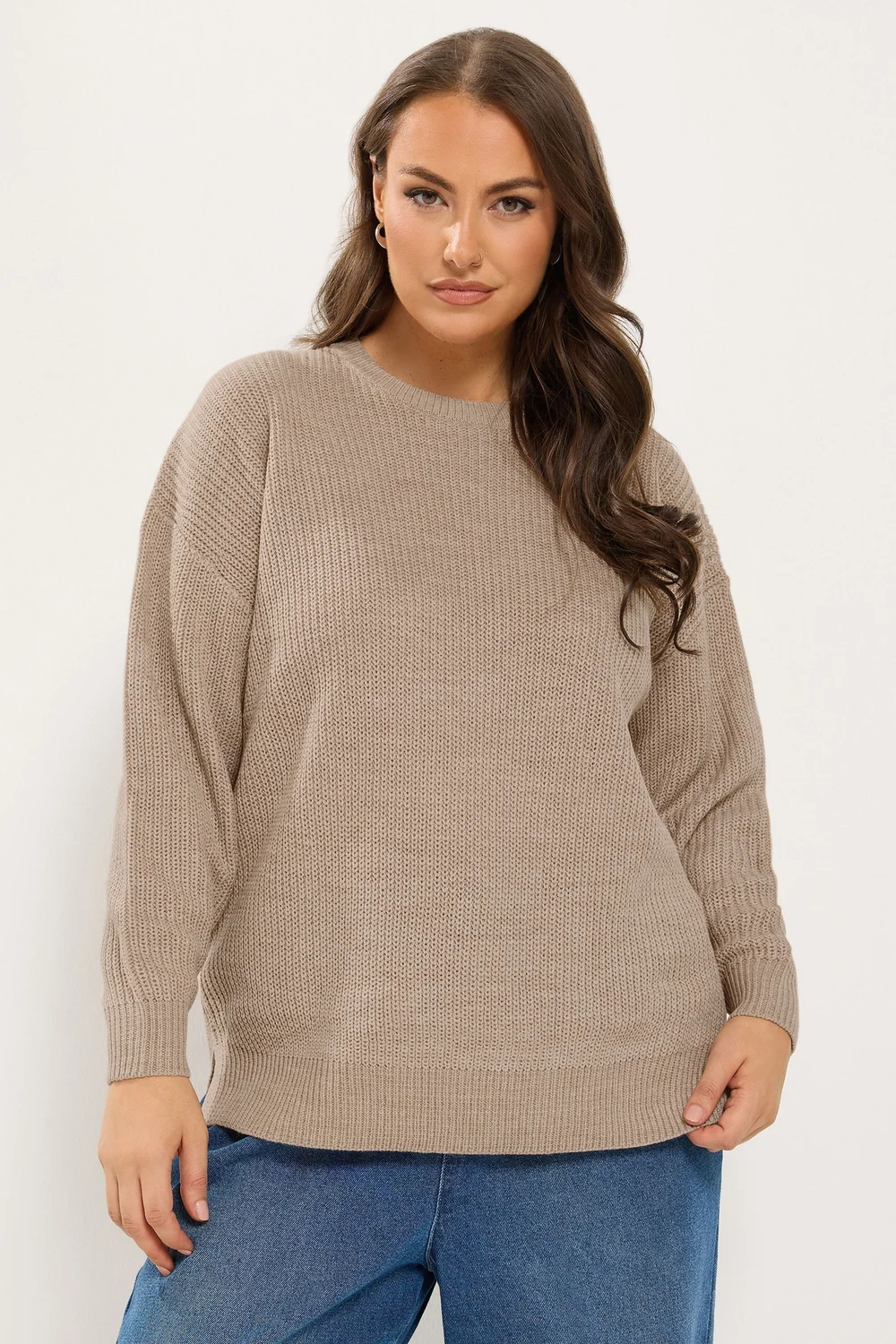Yours Curve Natural Brown Crew Neck Knitted Jumper - 18-20 Image 1