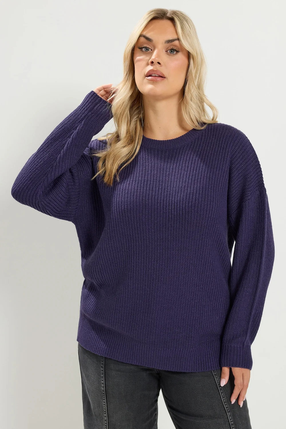 Yours Curve Purple Crew-Neck Knitted Jumper - 14-16 Image 2