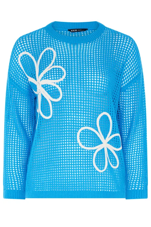 Yours Curve Blue Crochet Floral Knitted Jumper - 14-16 Image 5