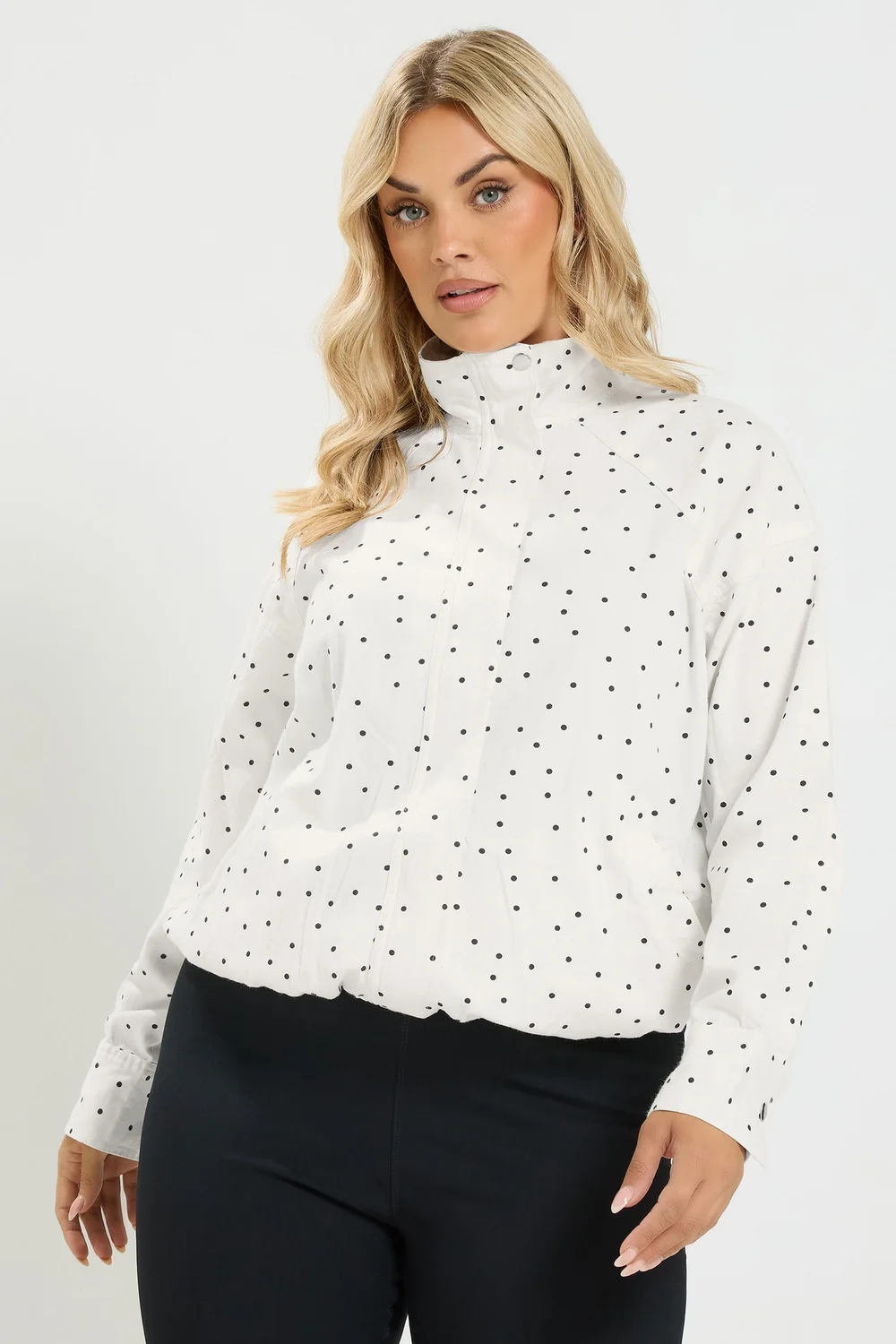 Yours Curve White Polka Dot Funnel Neck Bomber Jacket - 22-24 Image 1