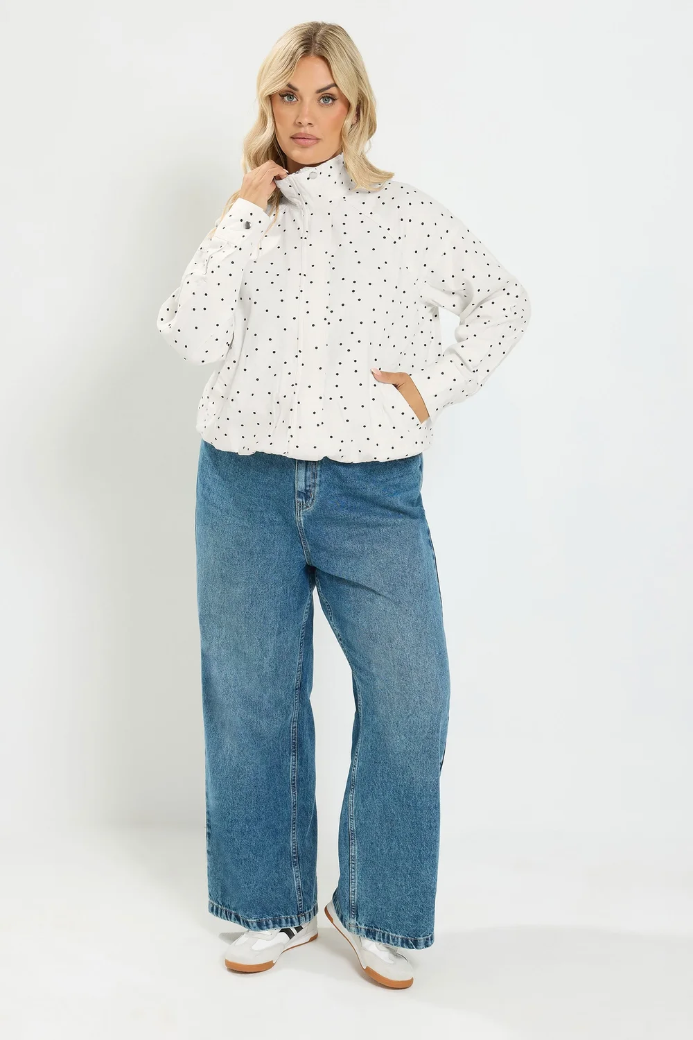 Yours Curve White Polka Dot Funnel Neck Bomber Jacket - 22-24 Image 5