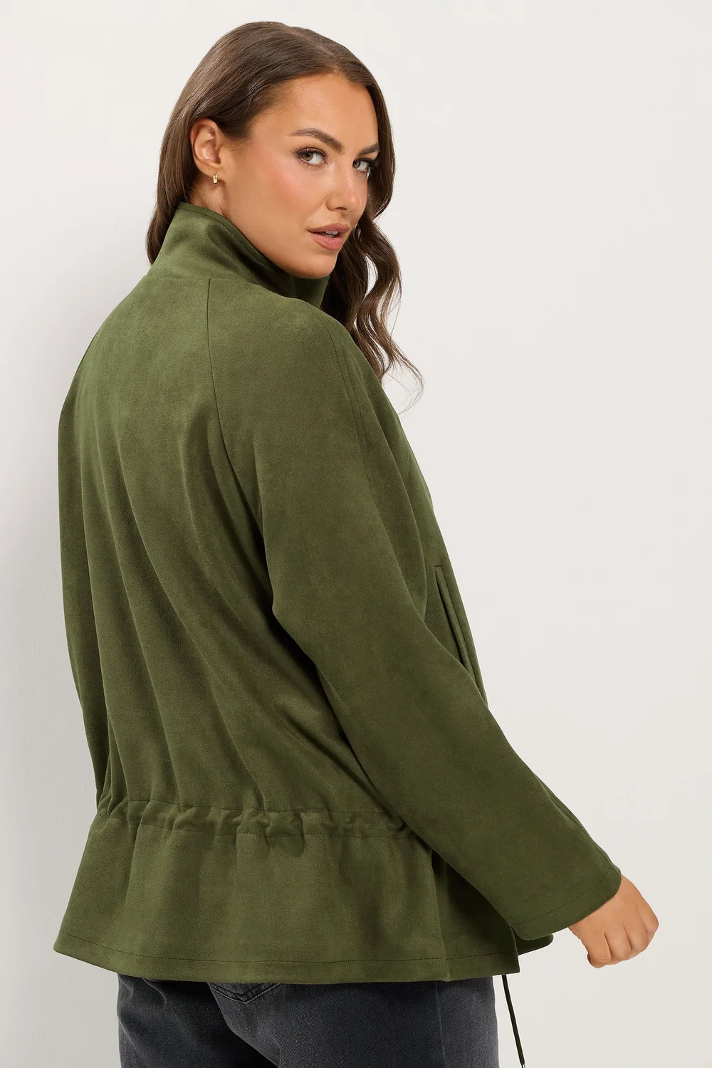 Yours Curve Khaki Green Suedette Draw Cord Jacket - 12 Image 3