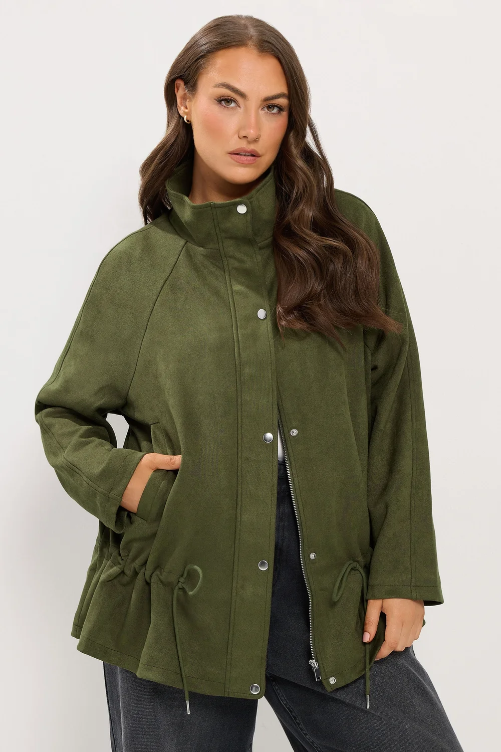 Yours Curve Khaki Green Suedette Draw Cord Jacket - 12 Image 1