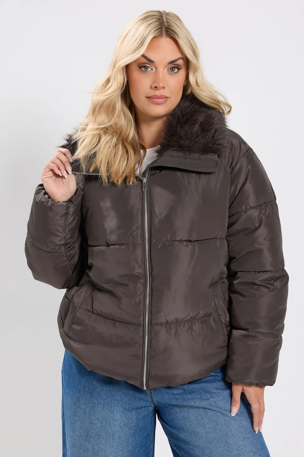 Yours Curve Chocolate Brown Funnel Neck Padded Coat - 14 Image 1