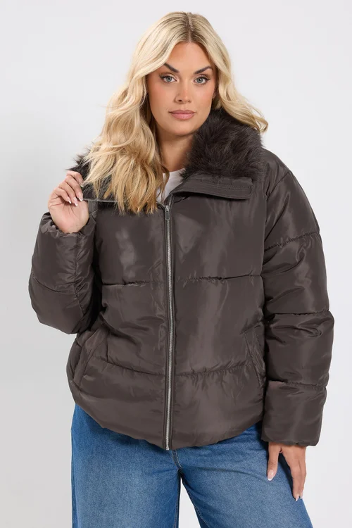 Yours Curve Chocolate Brown Funnel Neck Padded Coat - 14 Image 1