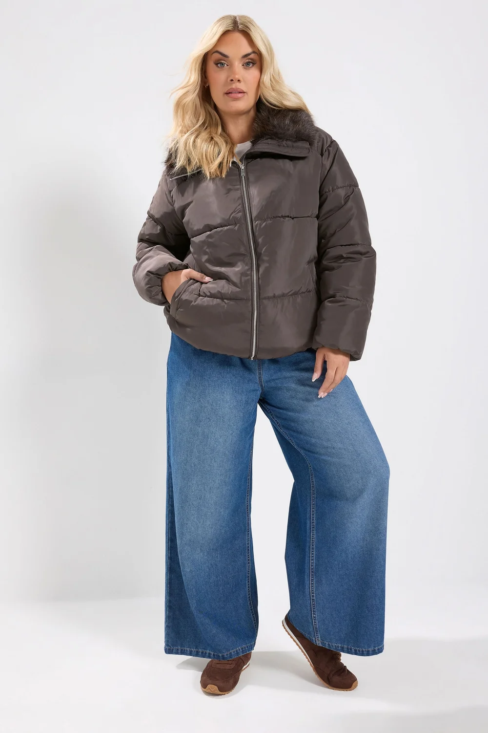 Yours Curve Chocolate Brown Funnel Neck Padded Coat - 14 Image 2