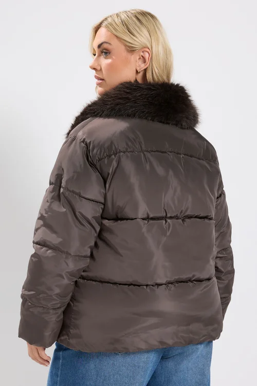 Yours Curve Chocolate Brown Funnel Neck Padded Coat - 14 Image 3