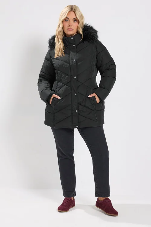 Yours Curve Black Short Padded Coat - 26-28 Image 2