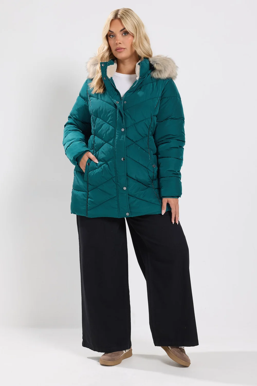 Yours Curve Teal Green Short Padded Coat - 22-24 Image 2