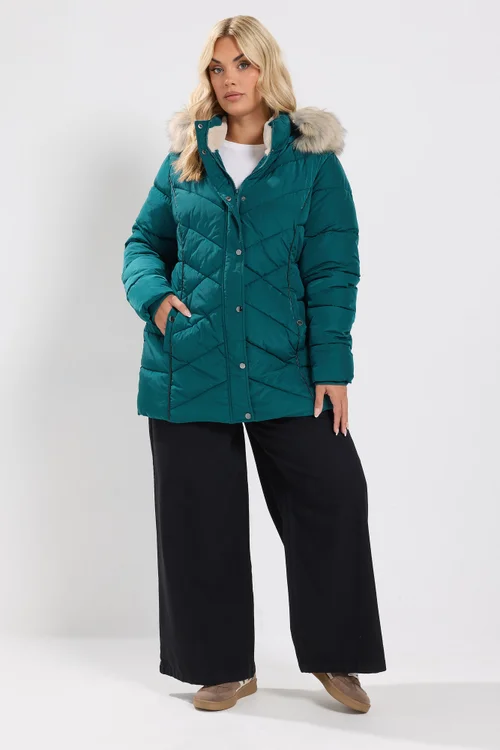 Yours Curve Teal Green Short Padded Coat - 22-24 Image 2