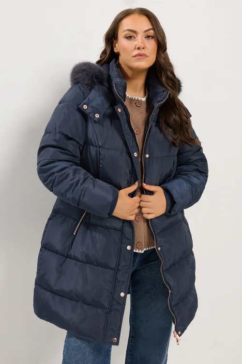 Yours Curve Blue Midi Puffer Coat - 34-36 Image 1