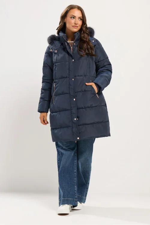 Yours Curve Blue Midi Puffer Coat - 34-36 Image 2