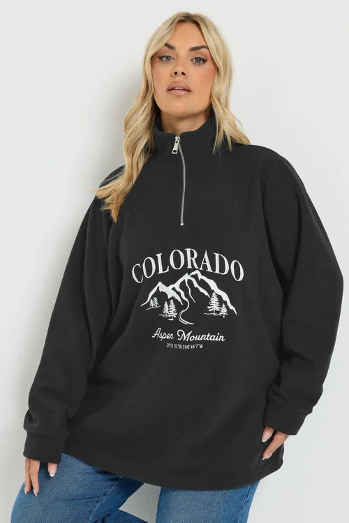 Yours Curve Black 'Colorado' Quarter Zip Fleece - 16 Image 2