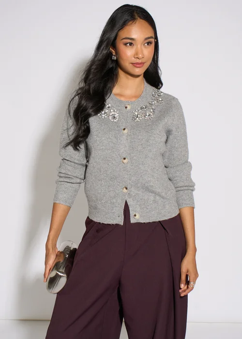 Gini London Grey Marl Diamante Embedded Knit Cardigan - L/XL Image 1
