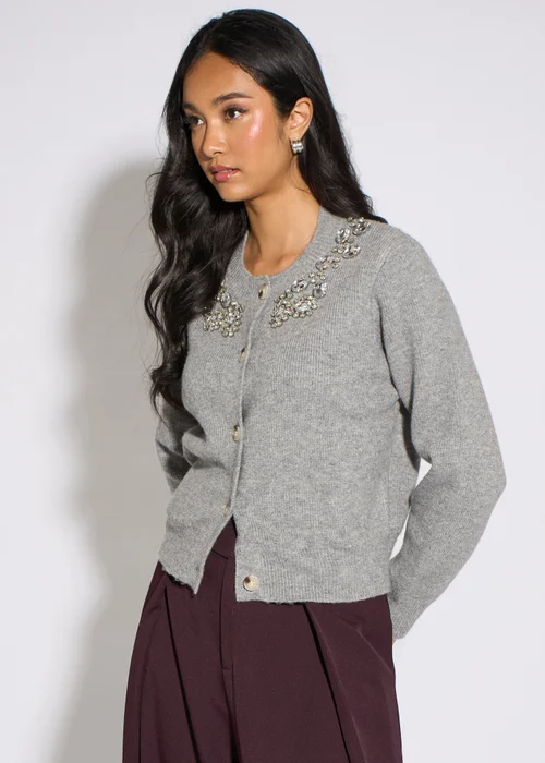 Gini London Grey Marl Diamante Embedded Knit Cardigan - L/XL Image 4