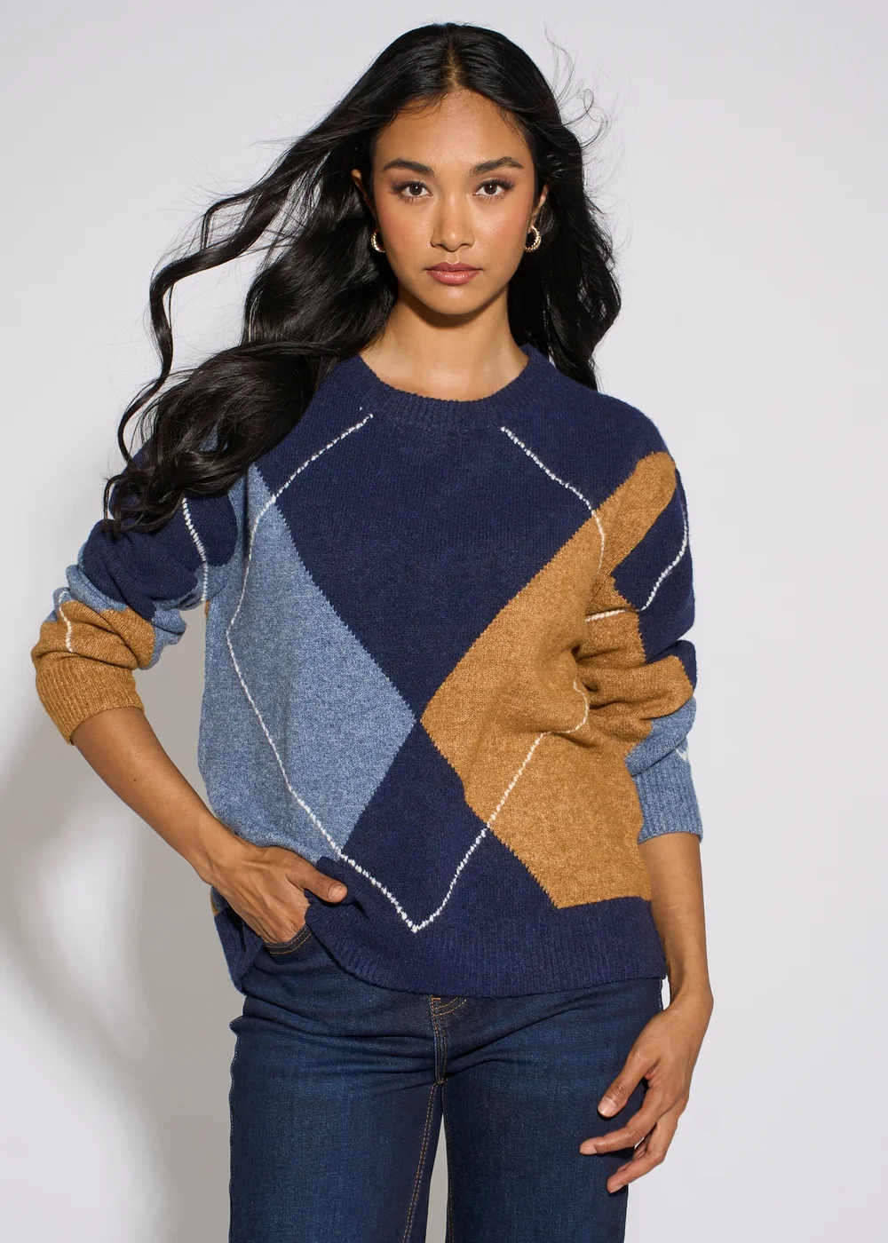 Gini London Navy Argyle Long Sleeves Jumper - L/XL Image 3