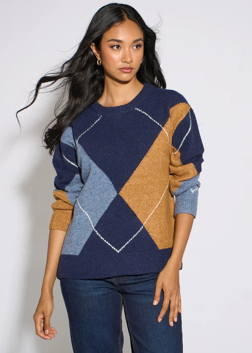 Gini London Navy Argyle Long Sleeves Jumper - L/XL Image 1