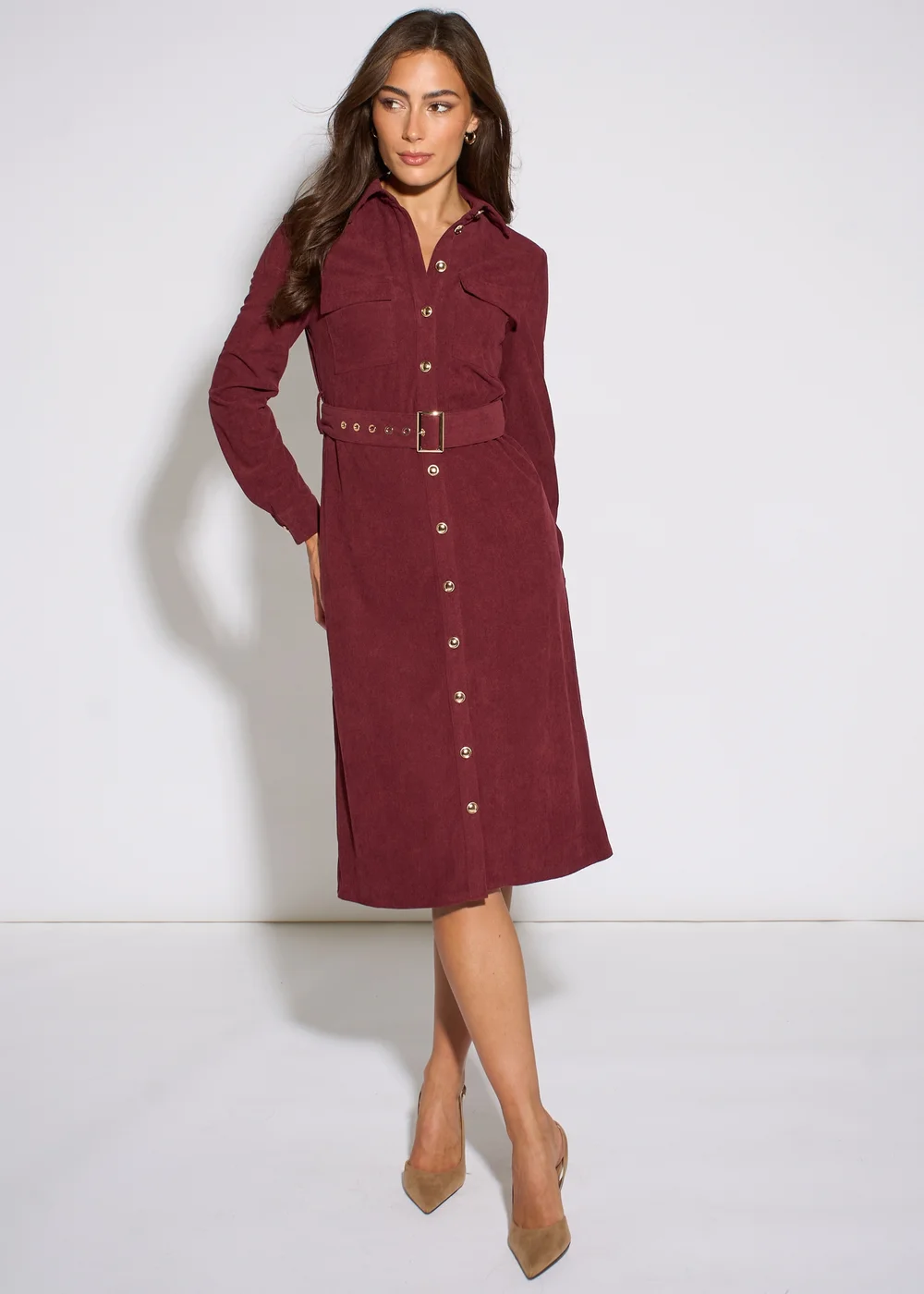 Gini London Mulberry Cord Belted Longline Shirt Dress - 8 Image 1