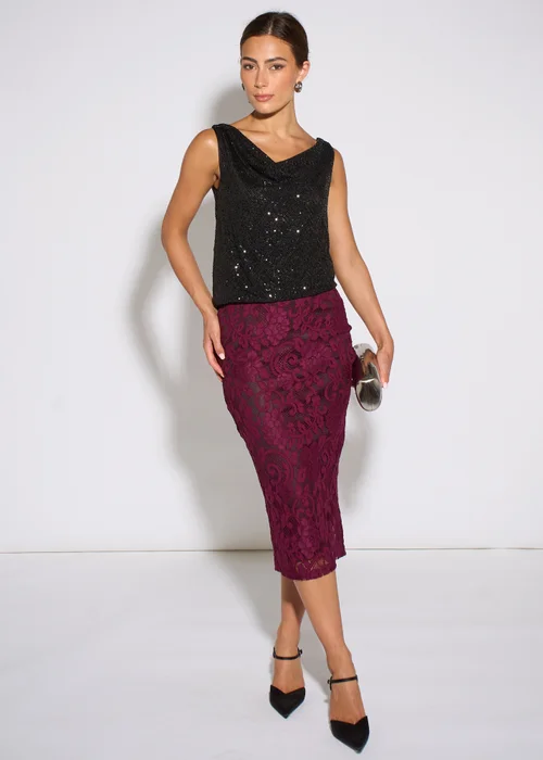 Gini London Plum Corded Lace Pencil Midi Skirt - 10 Image 1
