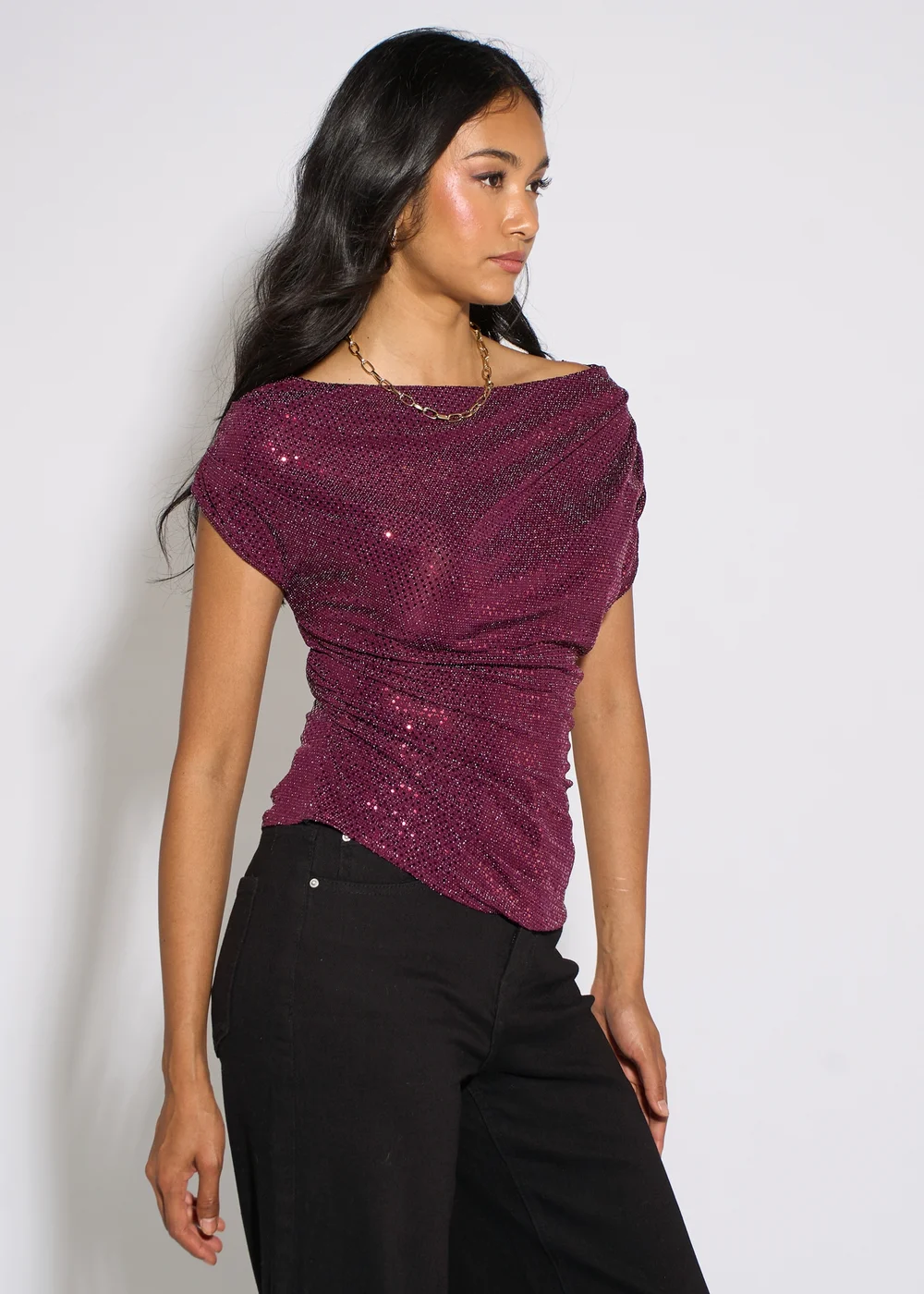 Gini London Mulberry Off Shoulder Sparkle Contrast Lace Hem Top - 10 Image 4