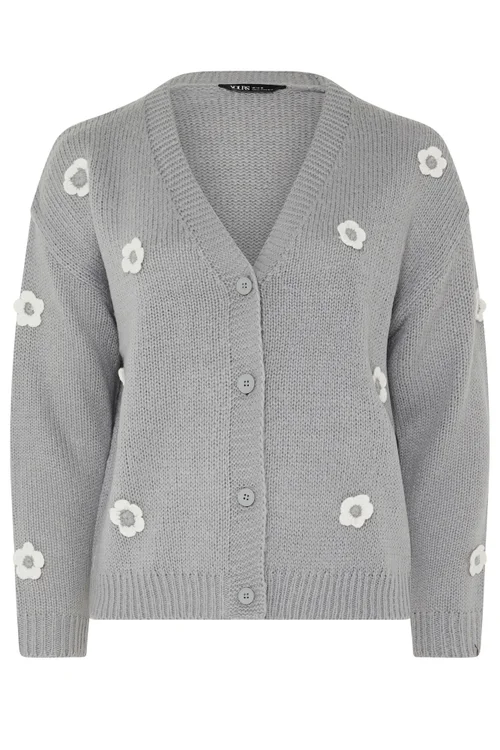 Yours Curve Grey Applique Flower Cardigan - 10-12 Image 5