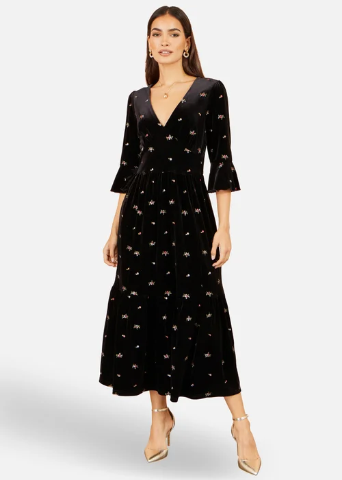 Yumi Black Velvet Embroidered Midi Dress - 8 Image 2
