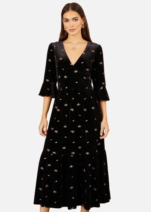 Yumi Black Velvet Embroidered Midi Dress - 8 Image 1