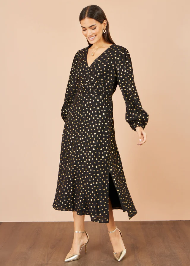 Yumi Black Foil Print Midi Dress
