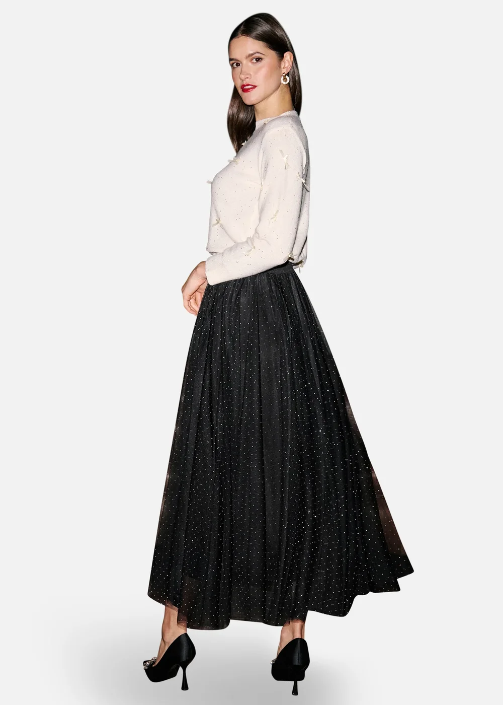 Yumi Black Diamonte Tulle Midi Skirt - 14 Image 4