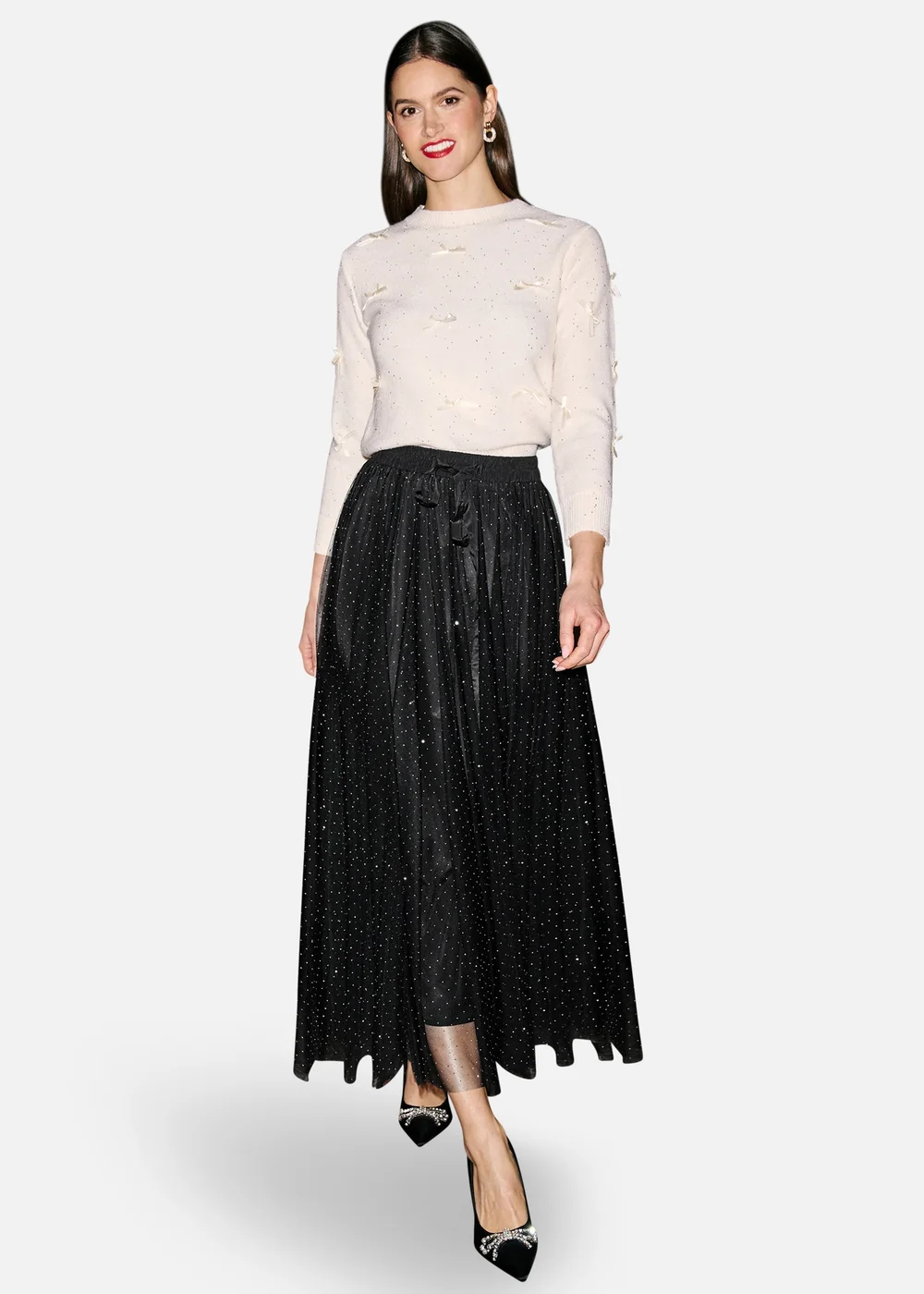 Yumi Black Diamonte Tulle Midi Skirt - 14 Image 2