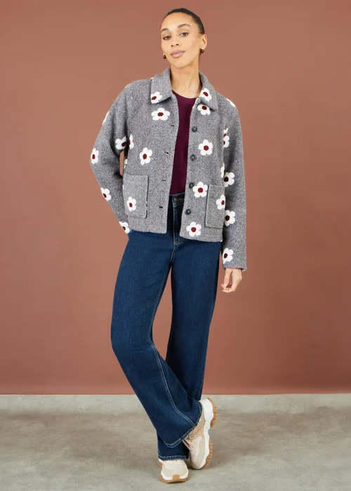 Yumi Grey Embroiderd Daisy Fleece Jacket - 10 Image 4